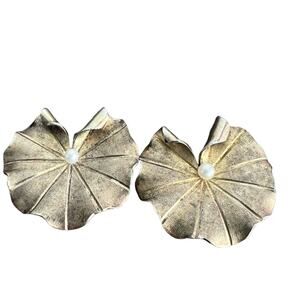 Signed Napier Vintage Vermeil Lilly Pad Gold Tone Pearl Leaf Clip On Earrings